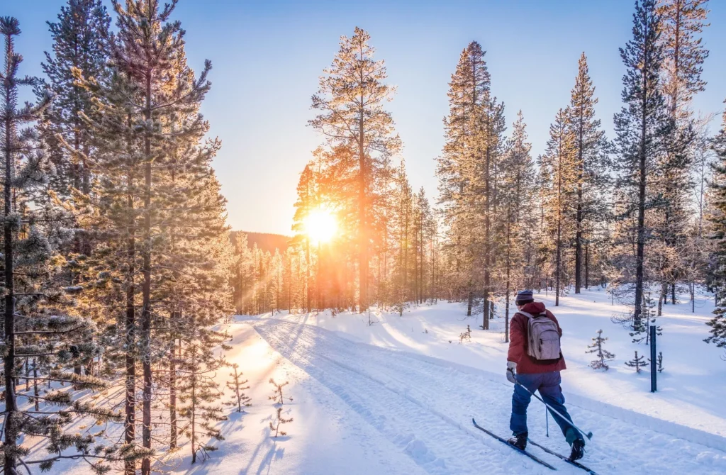 Esquí de fondo en Escandinavia al atardecer