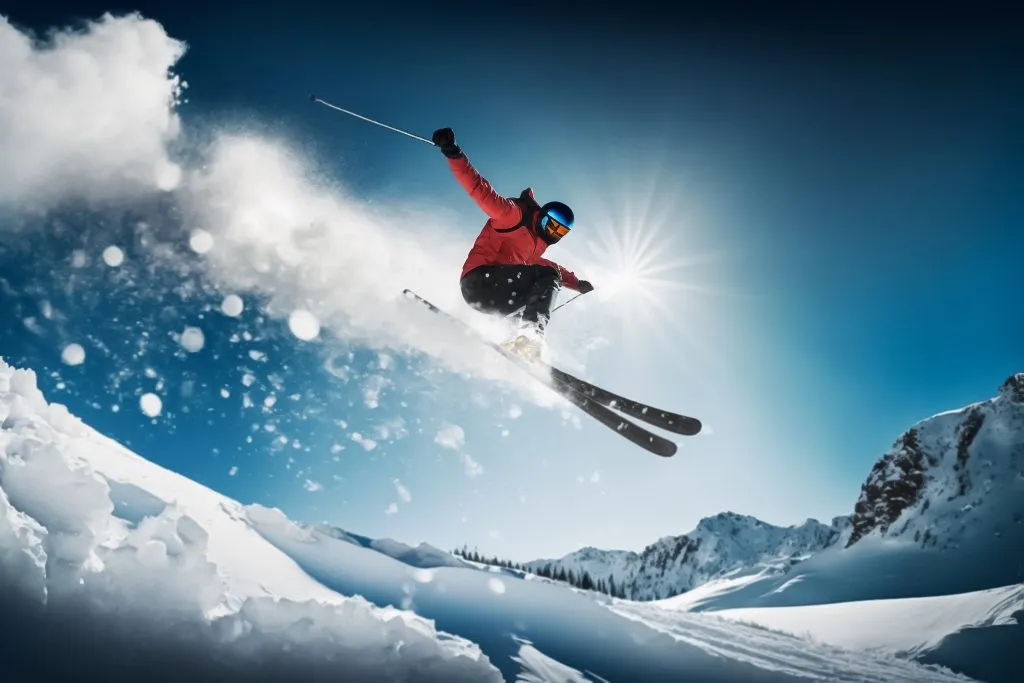 frikjøring på ski. skiløper som hopper mot blå himmel. generativ AI